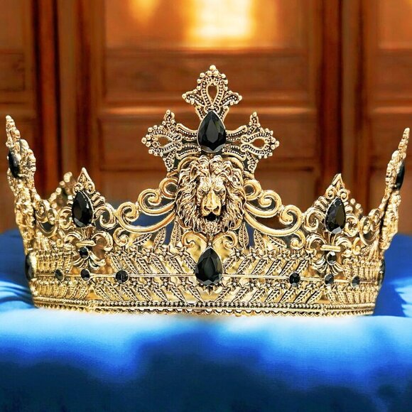 Vintage Lion King Crown, Black Crystal Crown for Groom, Prom Crown, Gold Crown - Picture 6 of 9